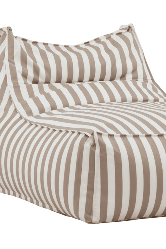 Beige and white striped bean bag chair with a structured backrest, designed for comfortable seating. The fabric features evenly spaced vertical stripes, giving it a modern yet cozy look. Ideal for casual living spaces, providing both style and relaxation. | PicSEO 1773145428040