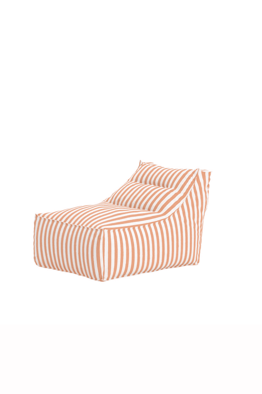Orange and white striped bean bag chair with a soft, cushioned design and angled backrest, perfect for casual seating and lounging in modern living spaces. | PicSEO 1773145605465