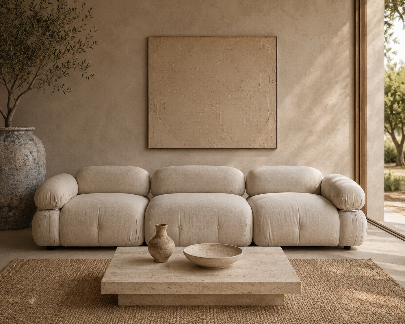Beige soffa med kuddar 