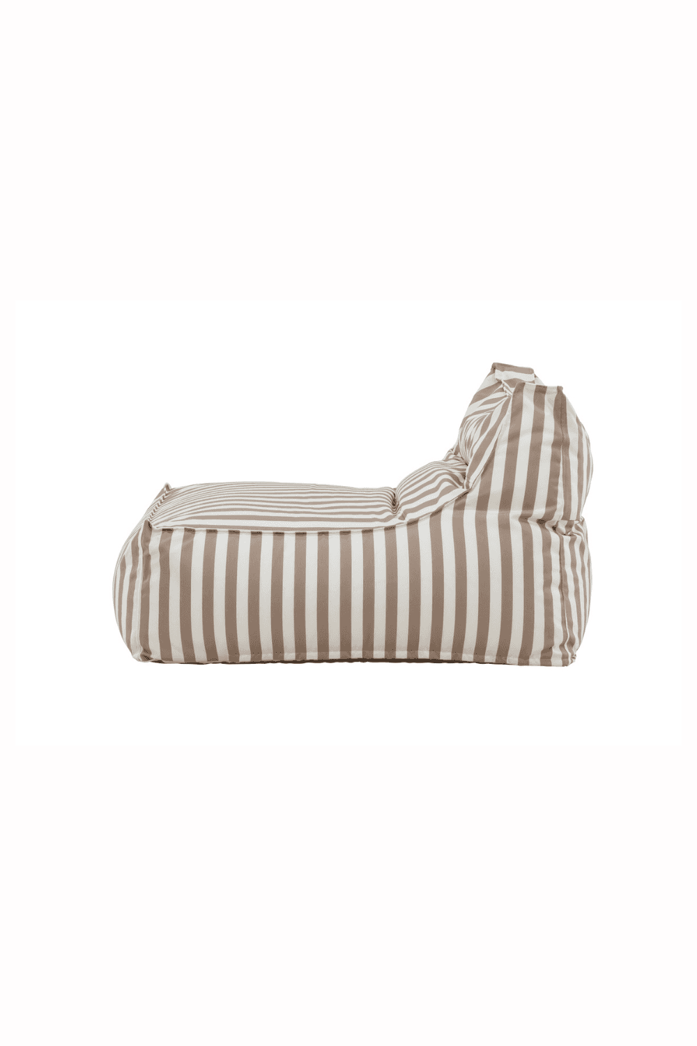 Side view of a beige and white striped lounge chair featuring a cushioned, relaxed design with a slightly angled backrest for ergonomic support, ideal for casual seating and comfort. | PicSEO 1773145438778