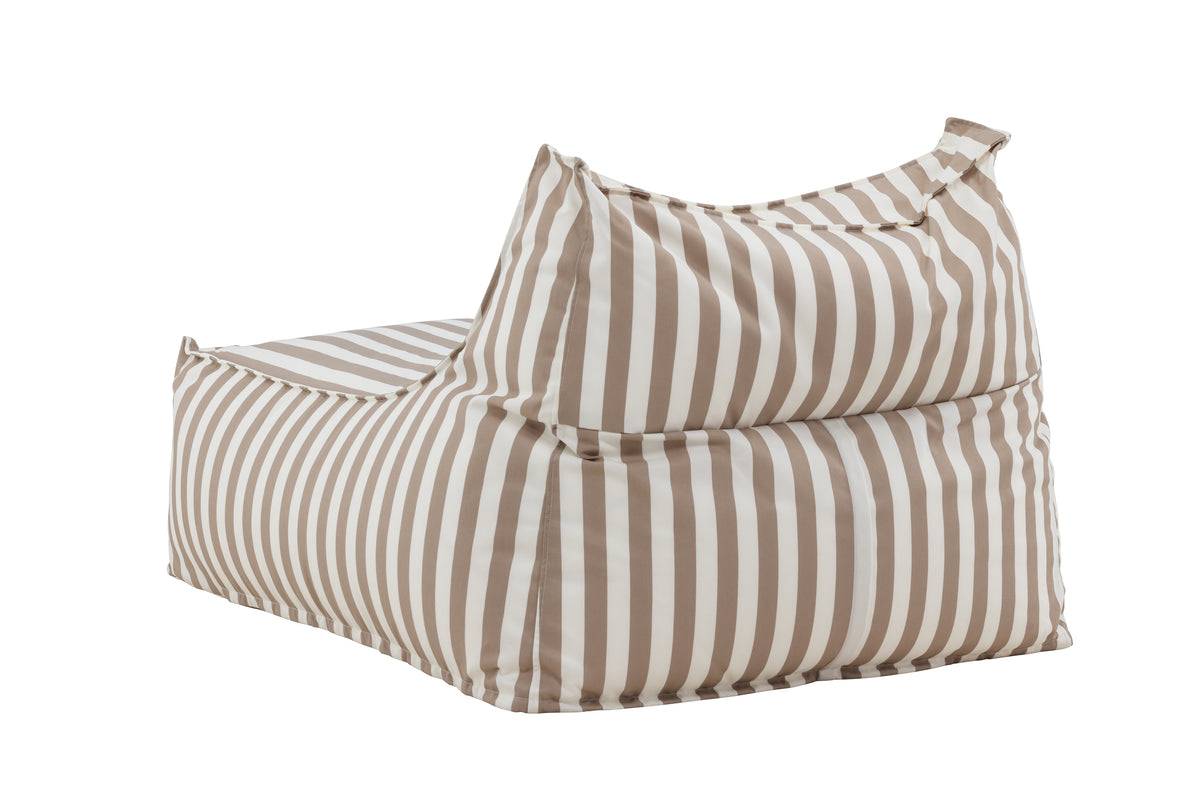 Beige and white striped bean bag chair with a structured backrest, designed for casual comfort and relaxed seating. Made from soft fabric, the chair features vertical stripes for a modern, stylish look that suits indoor living spaces or lounge areas. | PicSEO 1773145476508