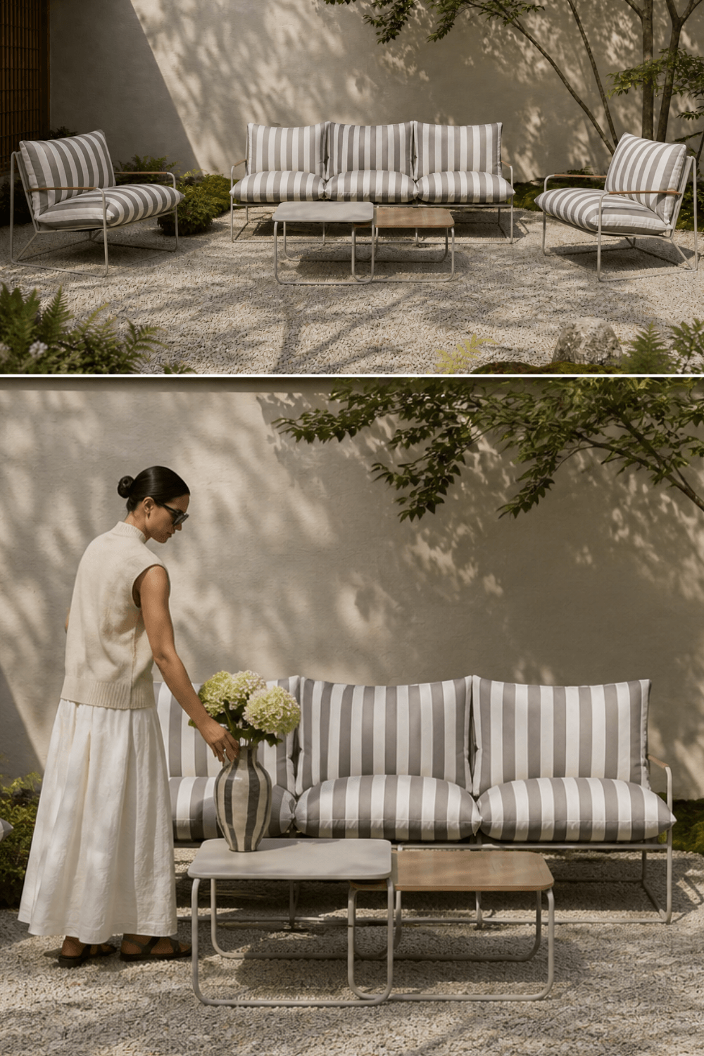 Japandi loungegrupp för utomhus med randig 3-sits soffa, två fåtöljer och låga soffbord i beige och vitt, placerad i en minimalistisk nordisk trädgård med naturligt ljus