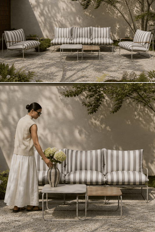 Japandi loungegrupp för utomhus med randig 3-sits soffa, två fåtöljer och låga soffbord i beige och vitt, placerad i en minimalistisk nordisk trädgård med naturligt ljus