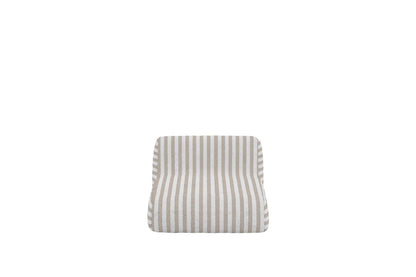 A soft, beige and white striped fabric chair cushion with a contoured design for ergonomic support, ideal for enhancing comfort on various seating surfaces. | PicSEO 1773145050244