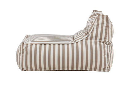 Side view of a modern beige and white striped bean bag chair featuring a structured backrest and plush seating, designed for comfortable and casual lounging. | PicSEO 1773145467097
