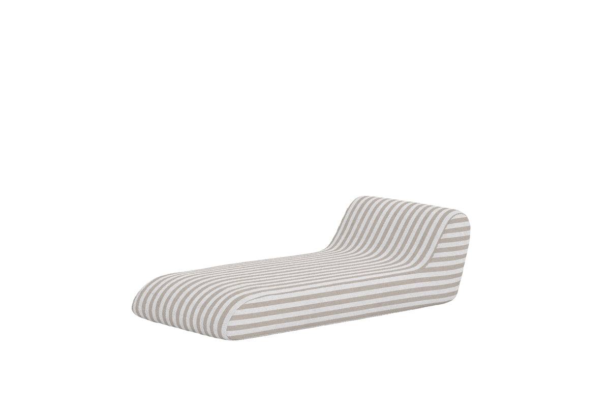 Modern chaise lounge chair with a sleek, curved design featuring beige and white horizontal stripes. Upholstered for comfort, this minimalist piece combines style and function, ideal for contemporary living spaces or relaxation areas. | PicSEO 1773145042131