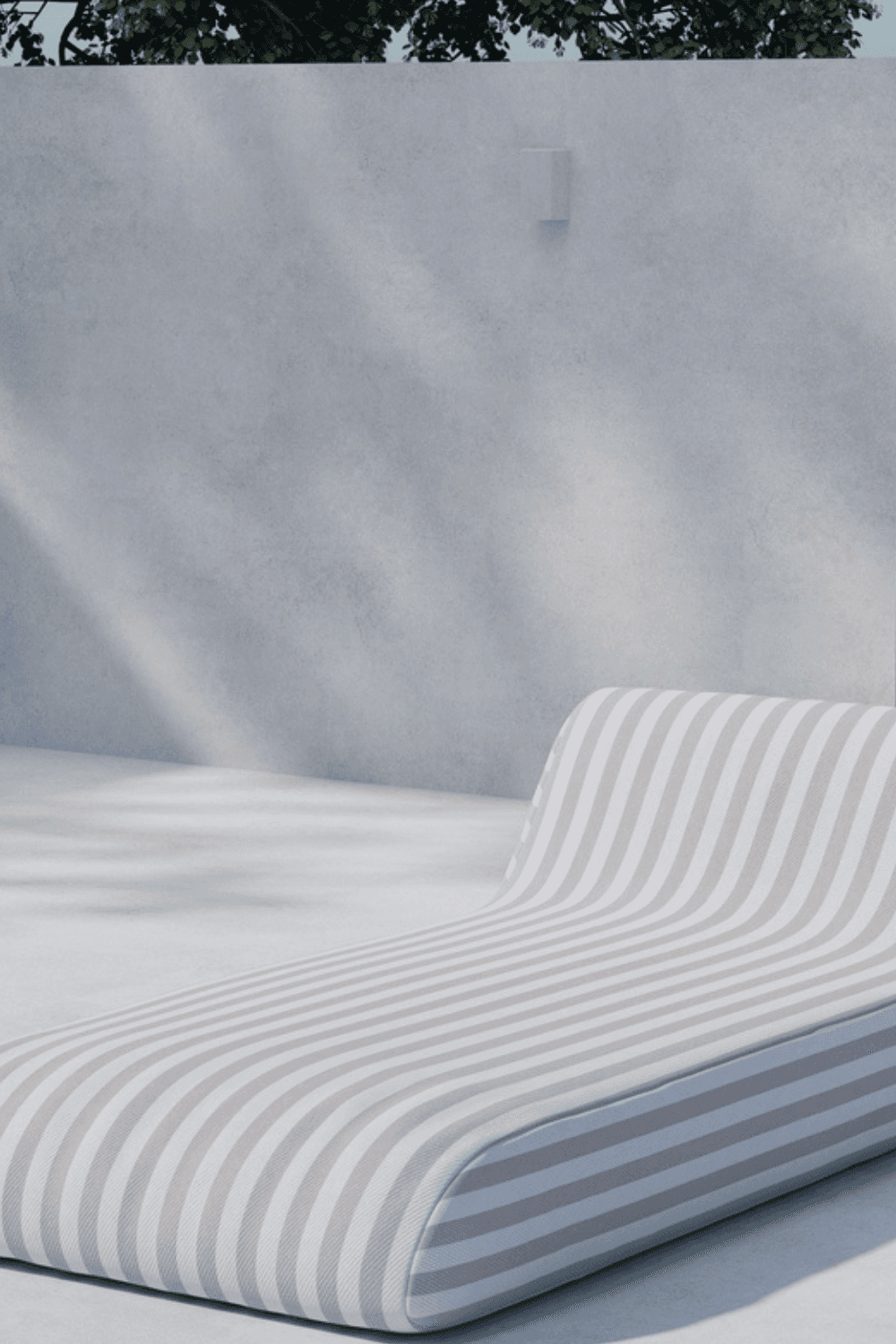 Modern outdoor chaise lounge with a sleek, ergonomic design featuring soft gray and white stripes, set against a minimalist concrete wall under soft natural light and surrounded by subtle greenery. | PicSEO 1773145016157